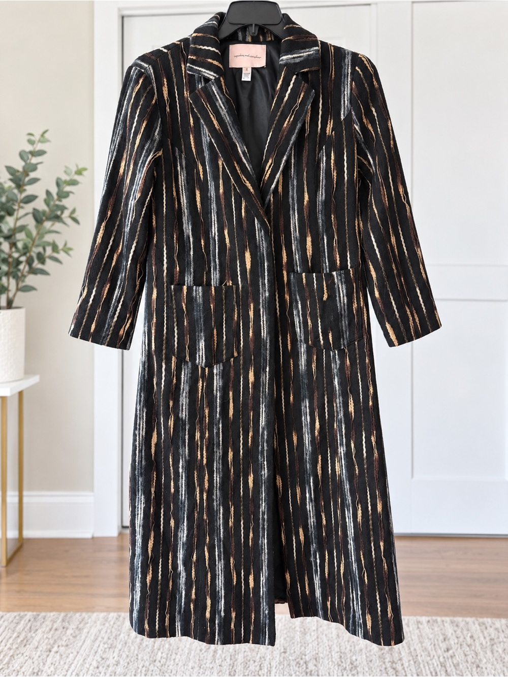 Hutch Long Striped Statement Coat Black Metallic Small Petite